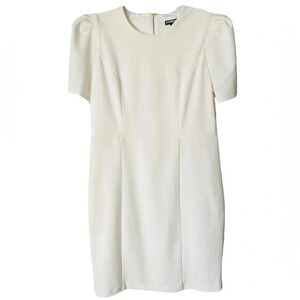 EXPRESS | Retro Puff Sleeves with Pleats Ivory Sheath Silhouette Dress Size L